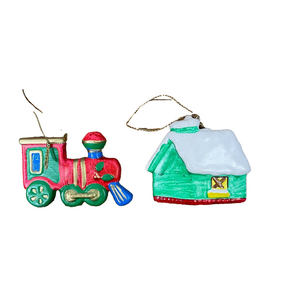 Lot of 2 Vintage Russ Ceramic Ornaments Train & Santa in Chimney Painted Set - Picture 2 of 6